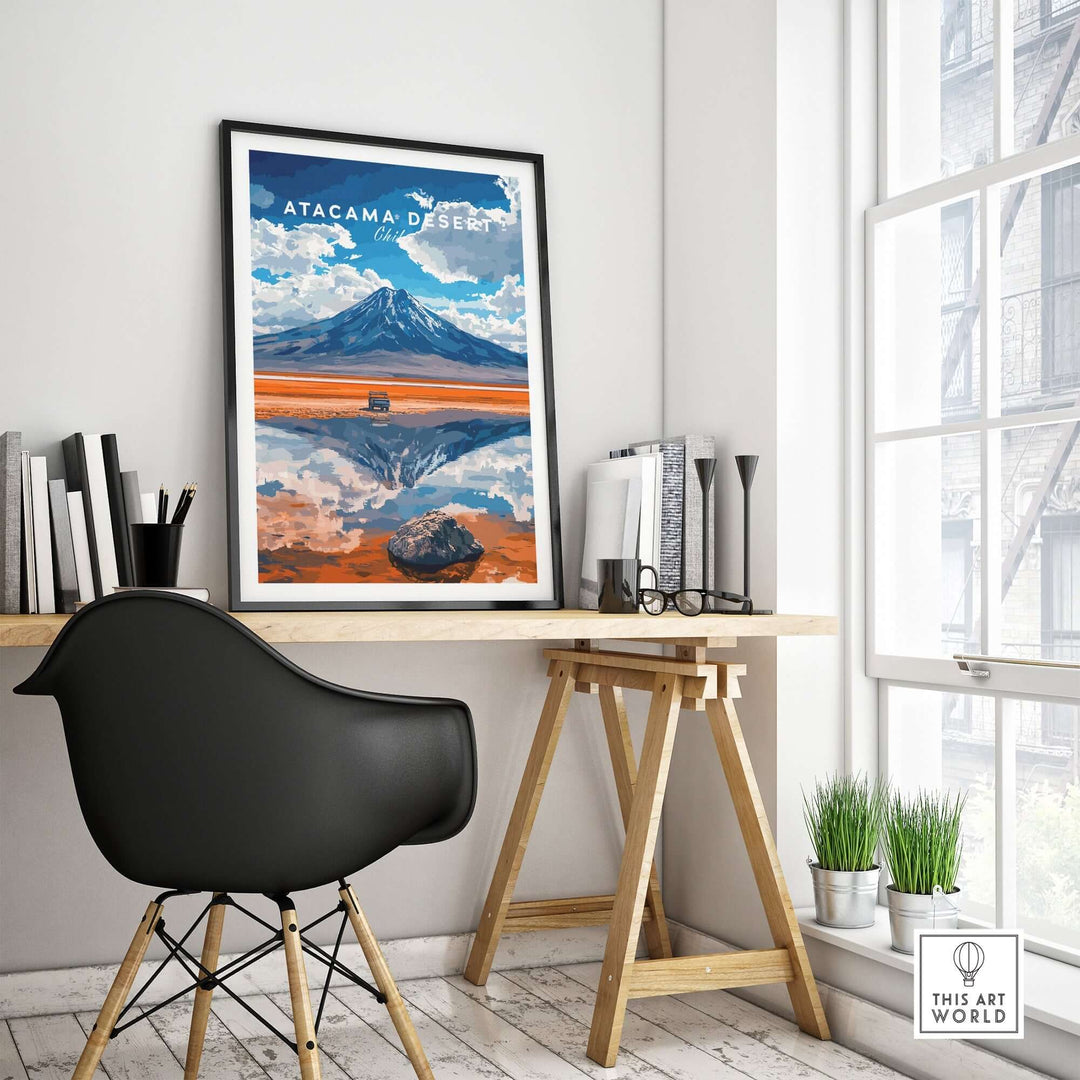 Atacama Desert travel print showcasing vibrant colors and stunning landscapes in a modern home office setting.