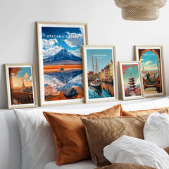 Atacama Desert Travel Print displayed among various travel prints in a stylish home decor setting.