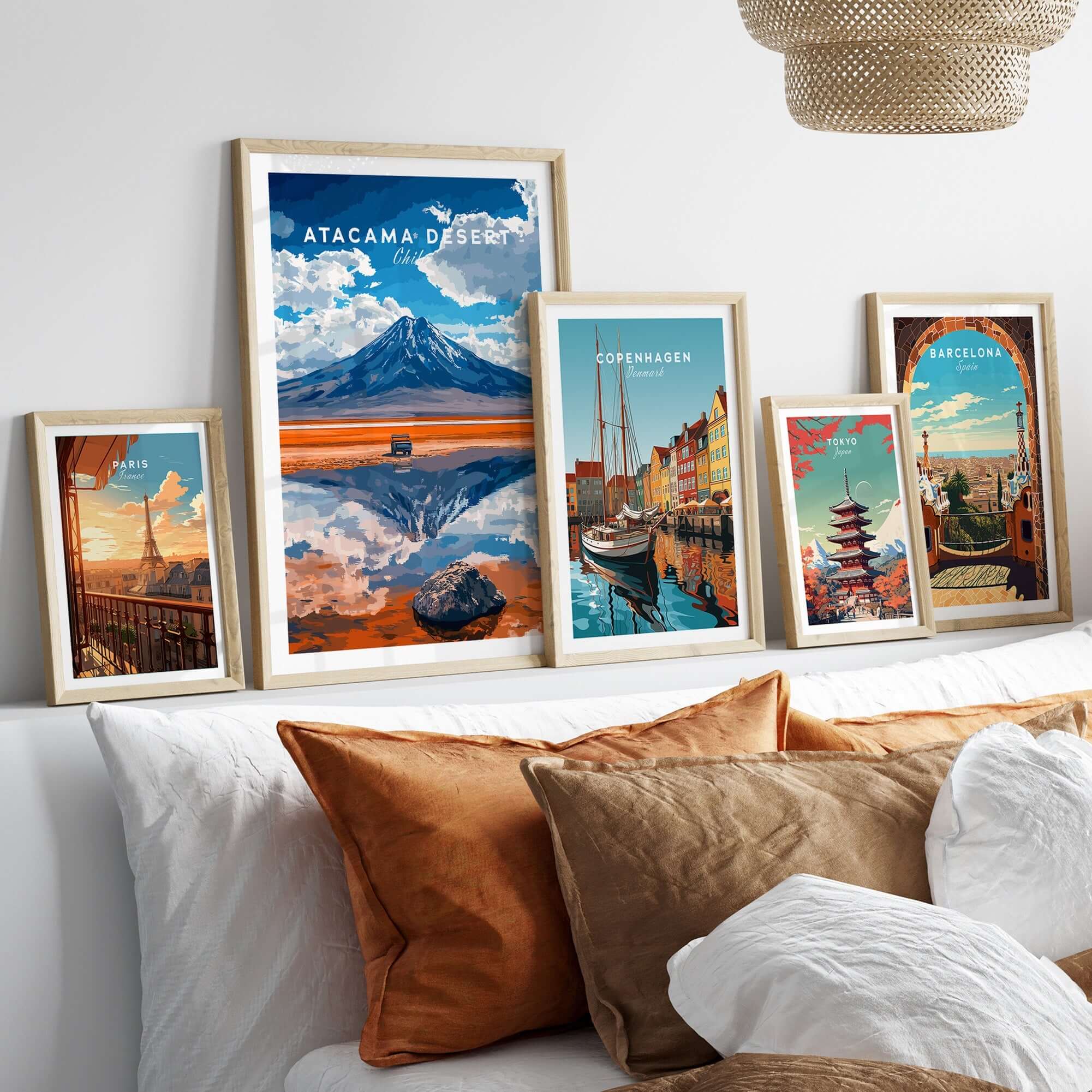 Atacama Desert Travel Print displayed among various travel prints in a stylish home decor setting.