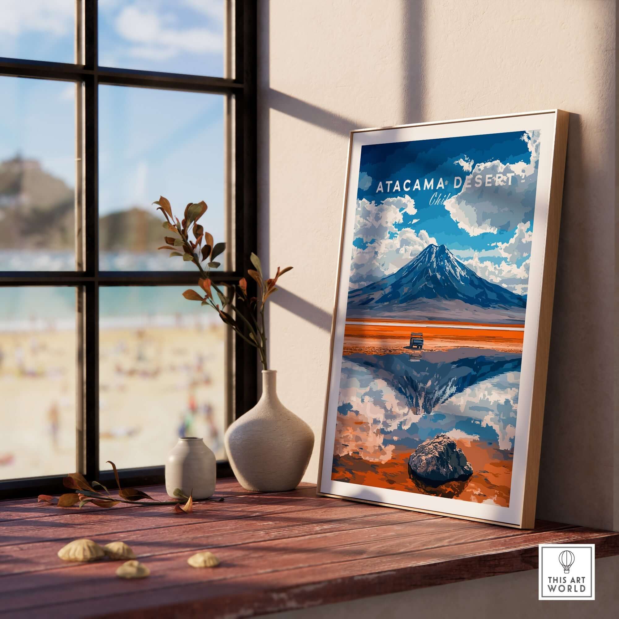 Atacama Desert Travel Print showcased in a frame, highlighting vibrant colors and scenic beauty.