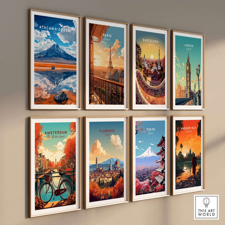 Collection of vibrant travel prints featuring Atacama Desert, Paris, Barcelona, London, Amsterdam, Florence, Tokyo, and Angkor Wat.