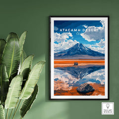 Atacama Desert Travel Print showcasing vibrant scenery with mountains and reflections in water.