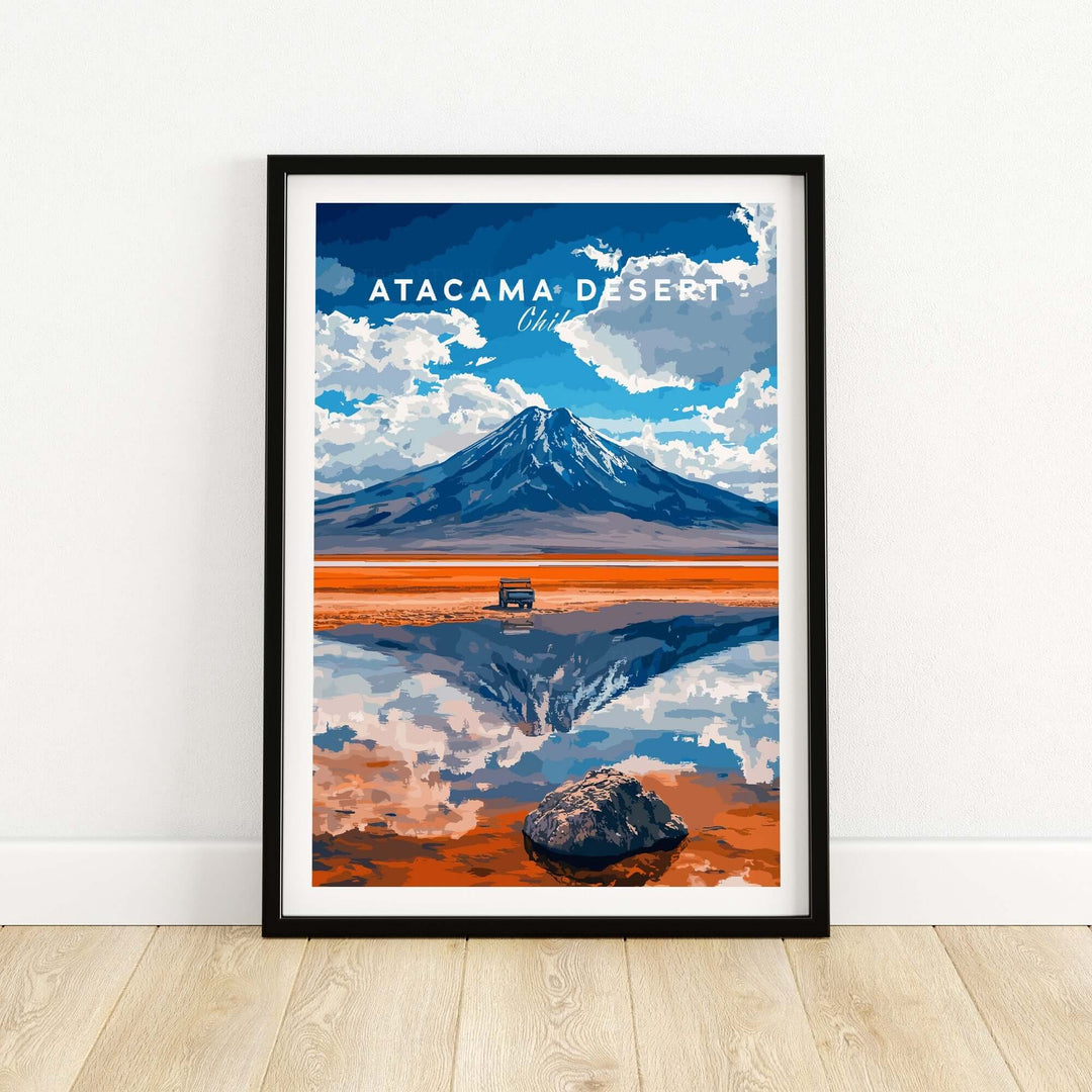 Atacama Desert travel print featuring a vibrant landscape with mountains, a vehicle, and reflections in the sand, perfect for home decor.