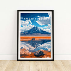 Atacama Desert Travel Print featuring vibrant mountain scenery and a reflective landscape