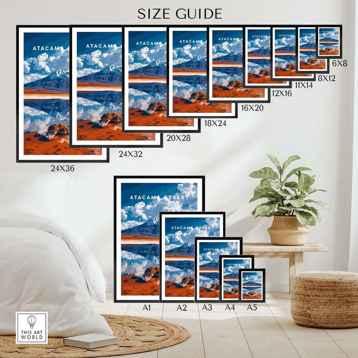 Atacama Desert Wall Art size guide showing various frame sizes and design options in a stylish living room setting.