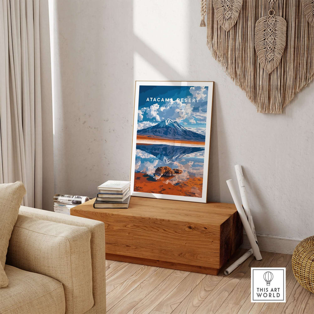 Atacama Desert wall art in a stylish living room setting, showcasing vibrant desert landscapes and mountain reflections.