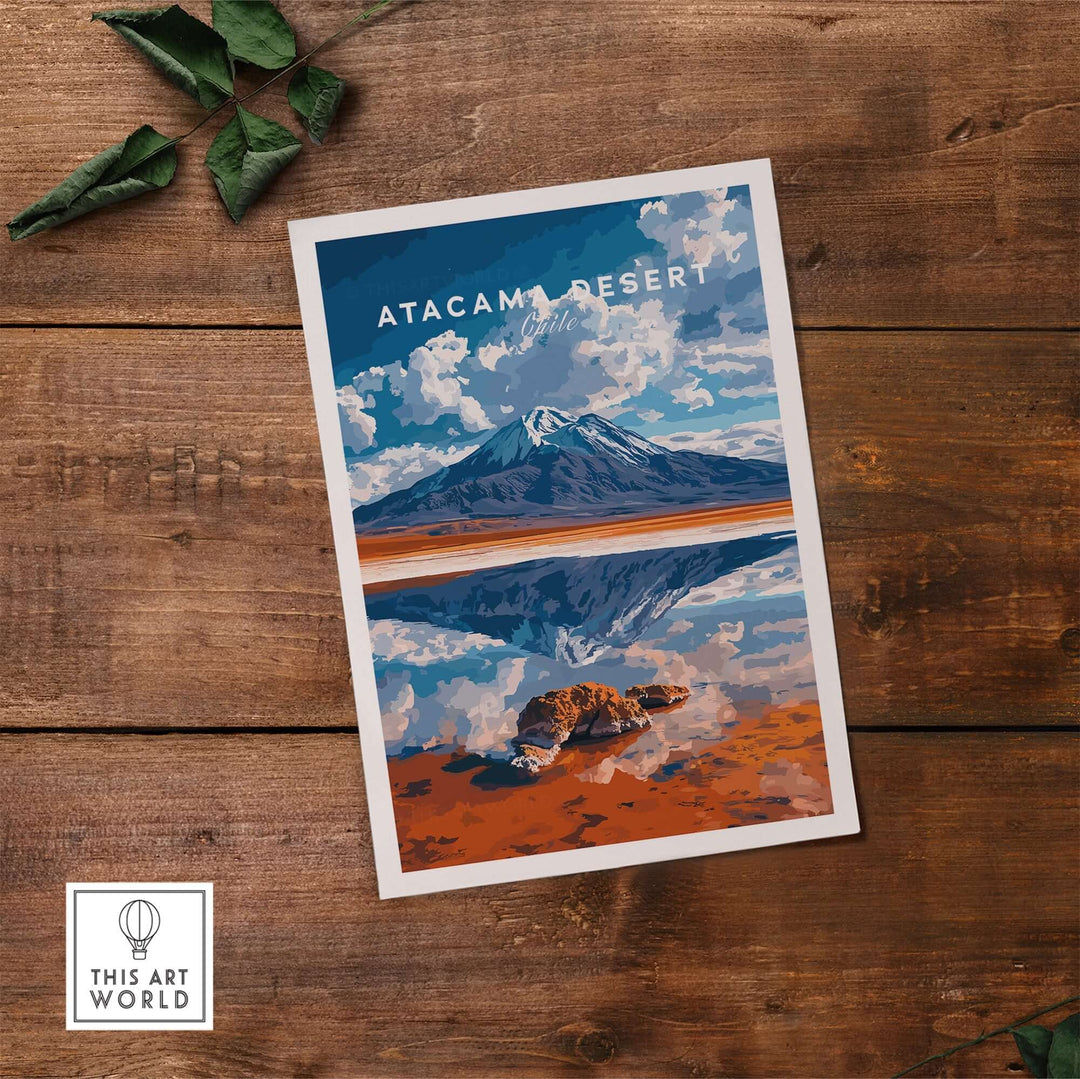 Atacama Desert wall art featuring stunning mountain reflections and vibrant colors on a rustic wooden background.