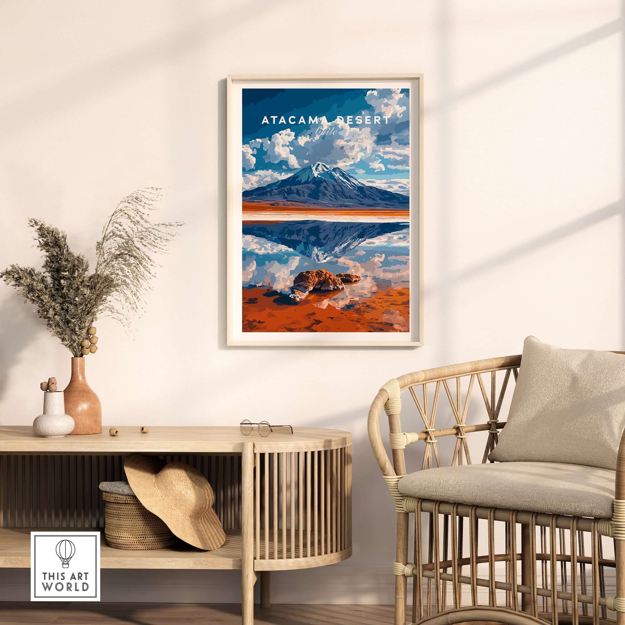 Atacama Desert Wall Art displayed in a modern living room, showcasing its stunning landscape and vivid colors.