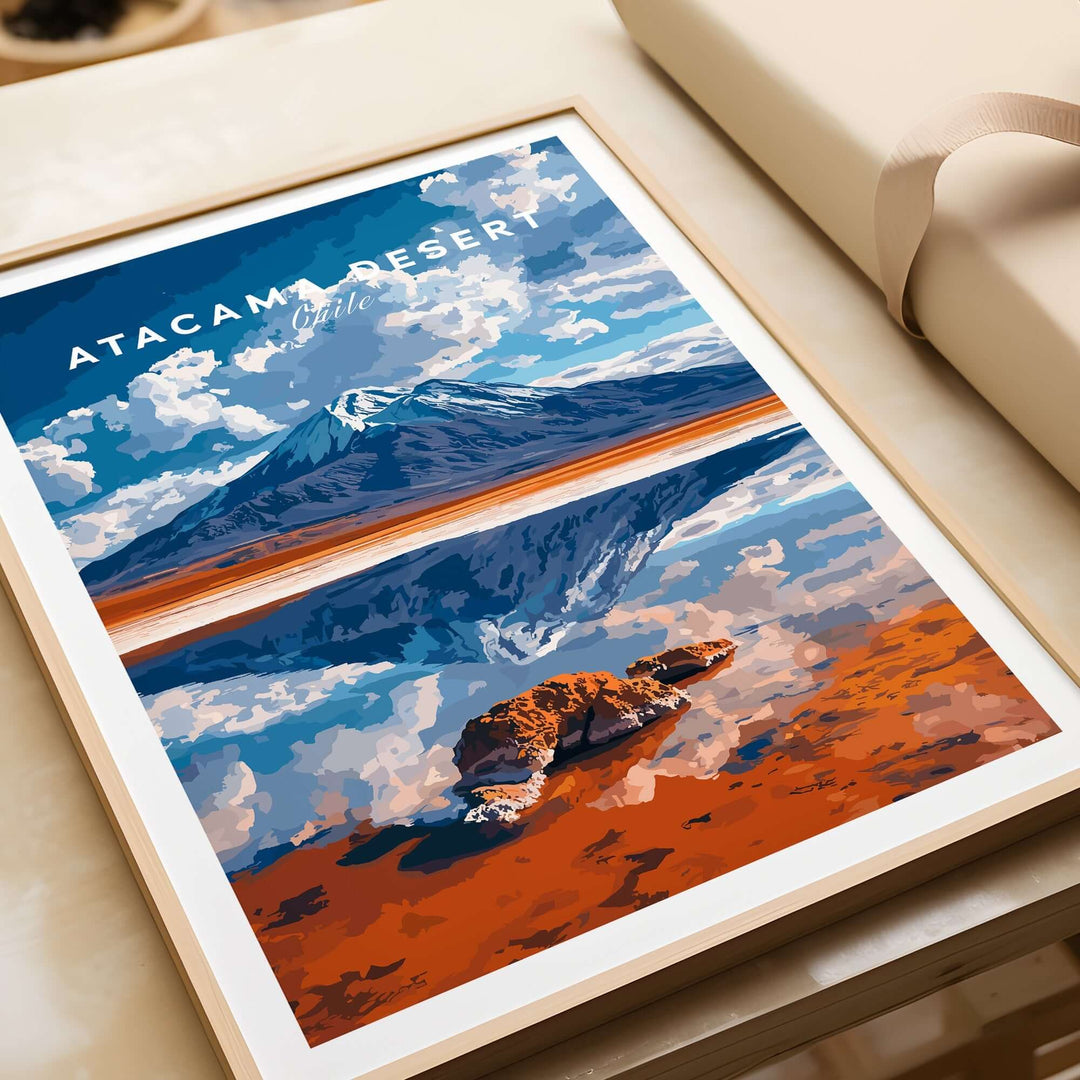 Atacama Desert wall art featuring vibrant landscape and mountain reflections, perfect for home decor.