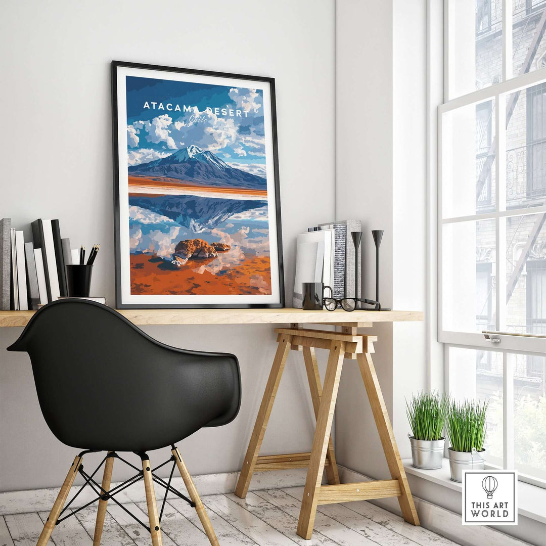 Atacama Desert wall art displayed in a stylish modern workspace with a scenic landscape view.