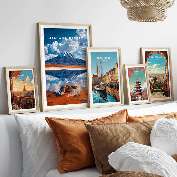 Atacama Desert wall art displayed above a cozy bed with decorative pillows, showcasing stunning landscape visuals.