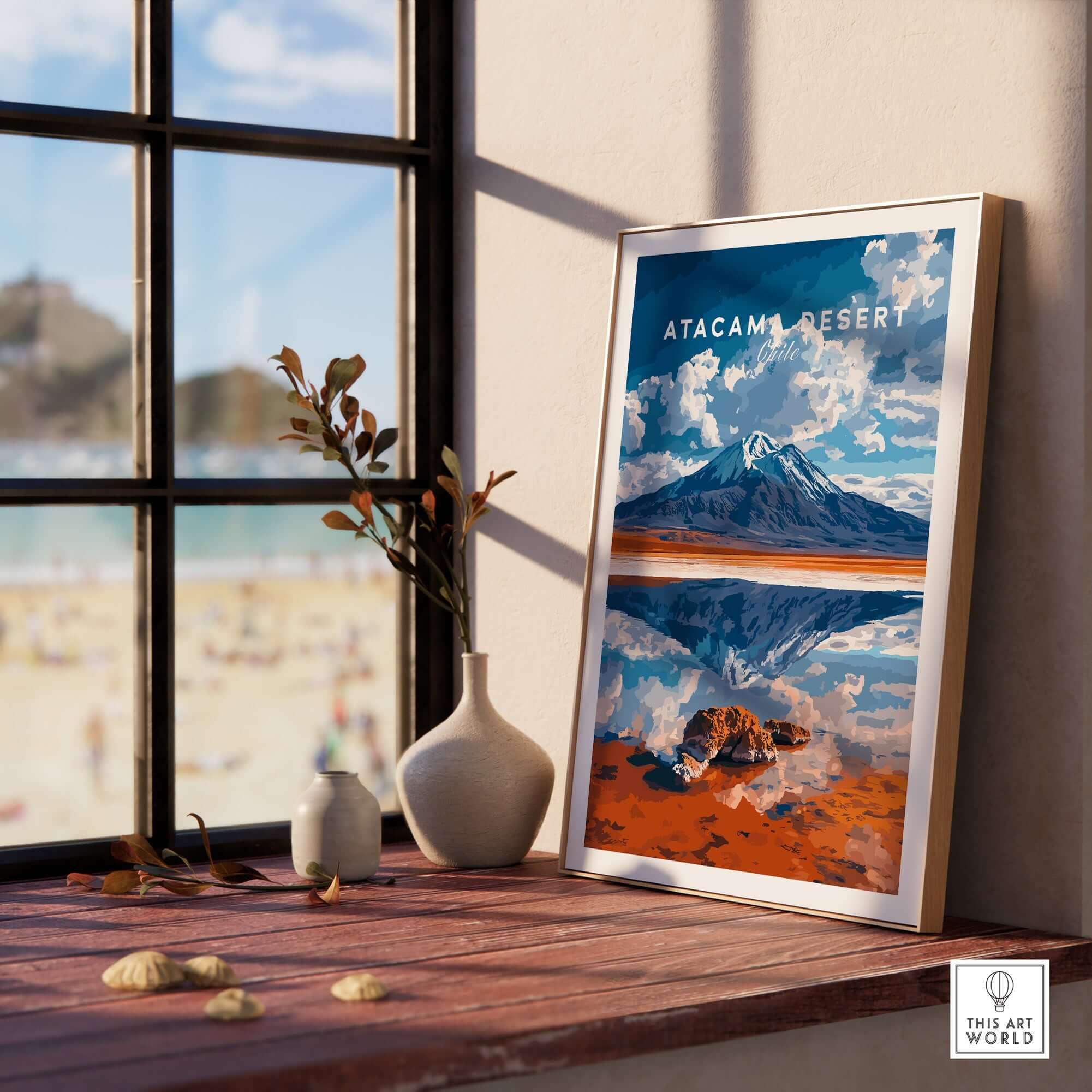 Atacama Desert Wall Art displayed on a wooden shelf next to a vase, showcasing the beauty of the desert landscape.