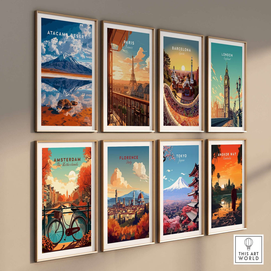 Colorful wall art featuring the Atacama Desert and iconic cities like Paris, Barcelona, and Tokyo in stylish frames.