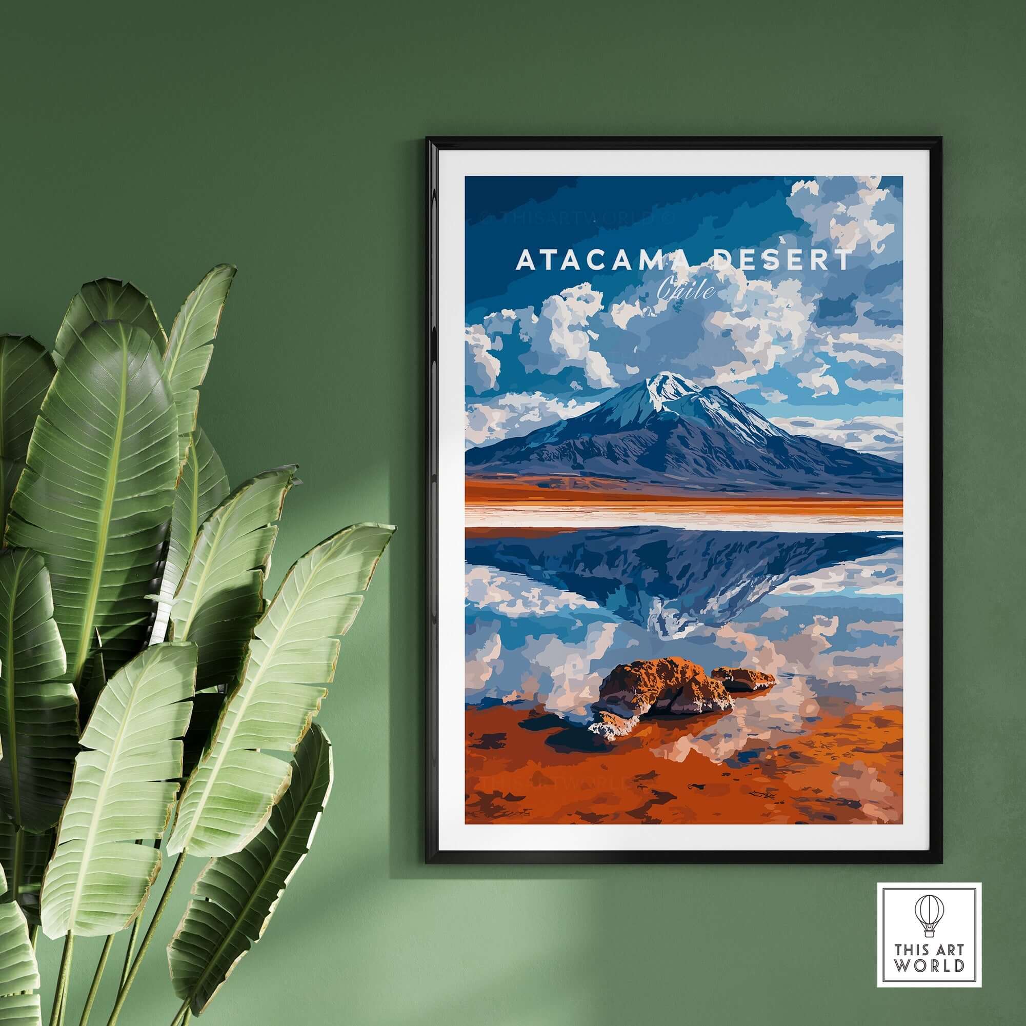 Atacama Desert Wall Art featuring vibrant landscape and mountains reflecting in water, perfect for home decor.
