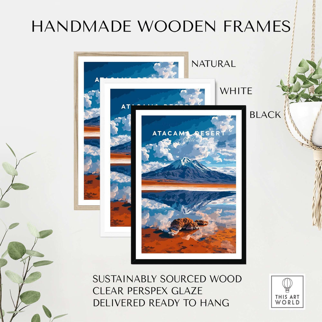 Handmade wooden frames in natural, white, and black displaying Atacama Desert wall art, ready to hang.