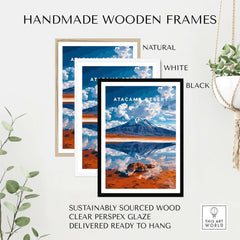Atacama Desert Wall Art displayed in handmade wooden frames in natural, white, and black colors.