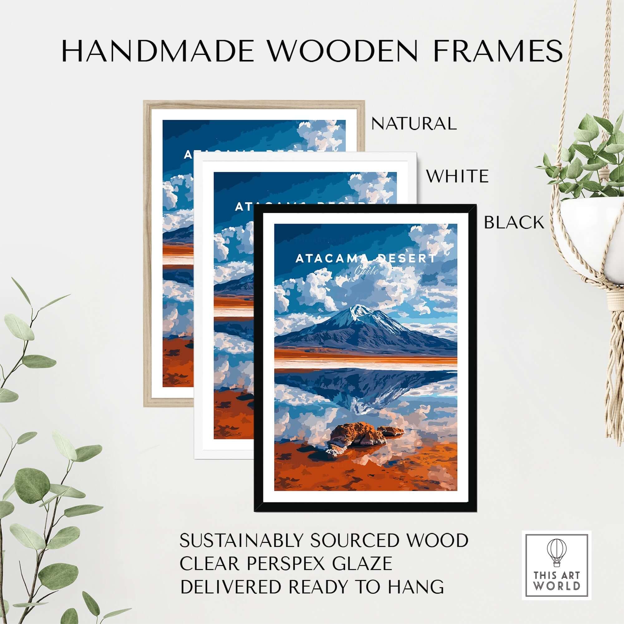 Atacama Desert Wall Art displayed in handmade wooden frames in natural, white, and black colors.