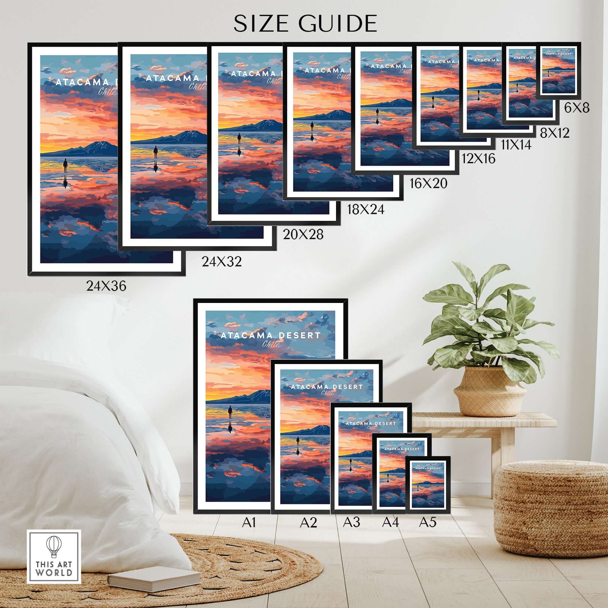 Atacama Desert Wall Art Poster at Sunset size guide showcasing various print sizes and options for home decor.