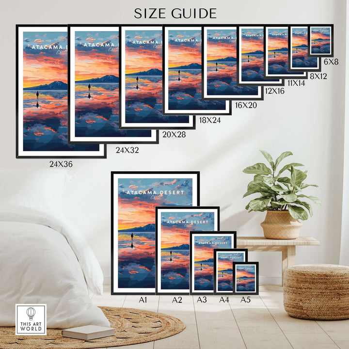 Size guide for Atacama Desert Wall Art Poster showcasing various frame dimensions and vibrant sunset artwork options.