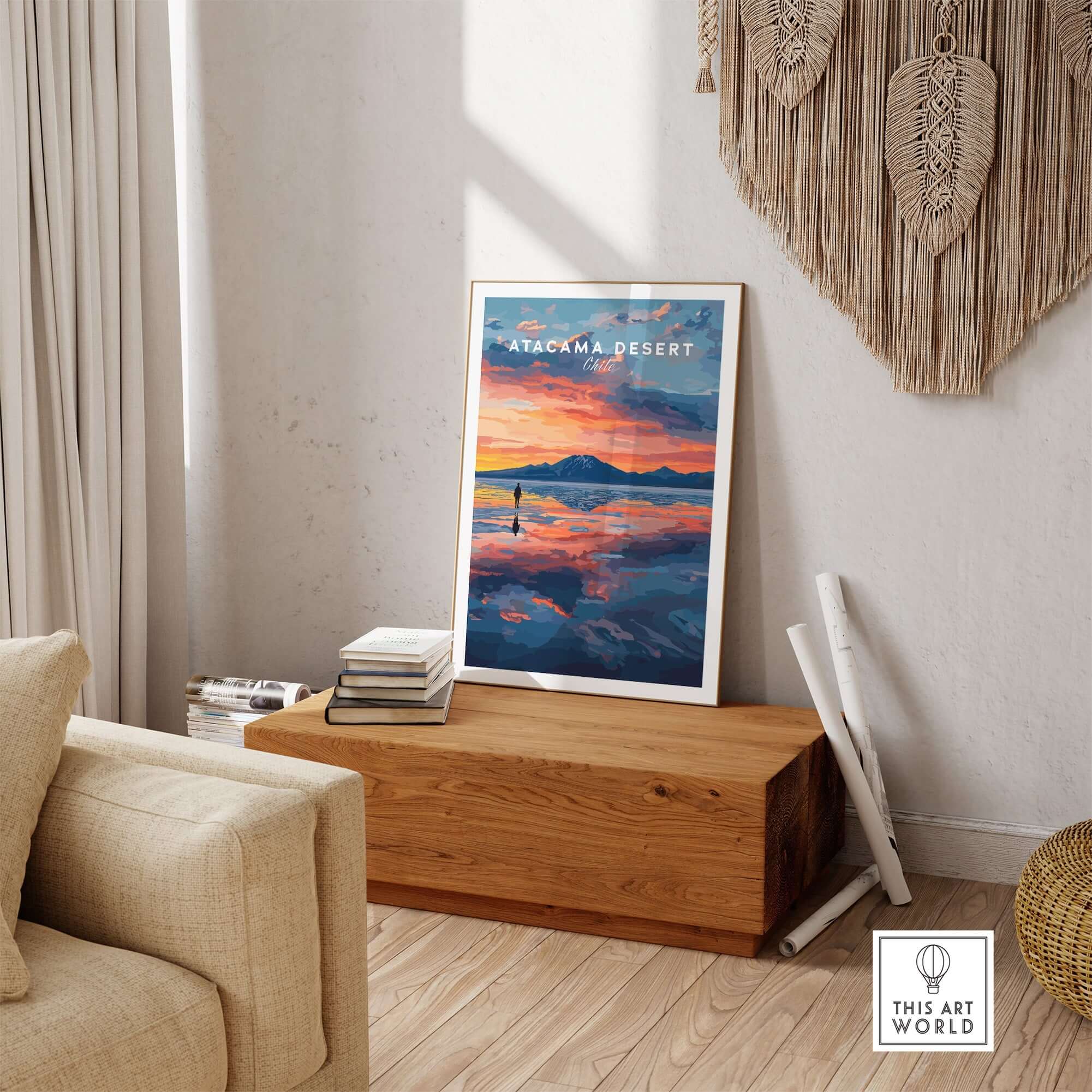Atacama Desert Wall Art Poster at Sunset displayed in a cozy living room with natural light.