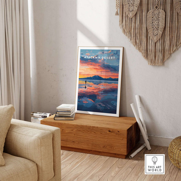 Atacama Desert wall art poster at sunset displayed in a stylish interior, showcasing vibrant colors and intricate details.