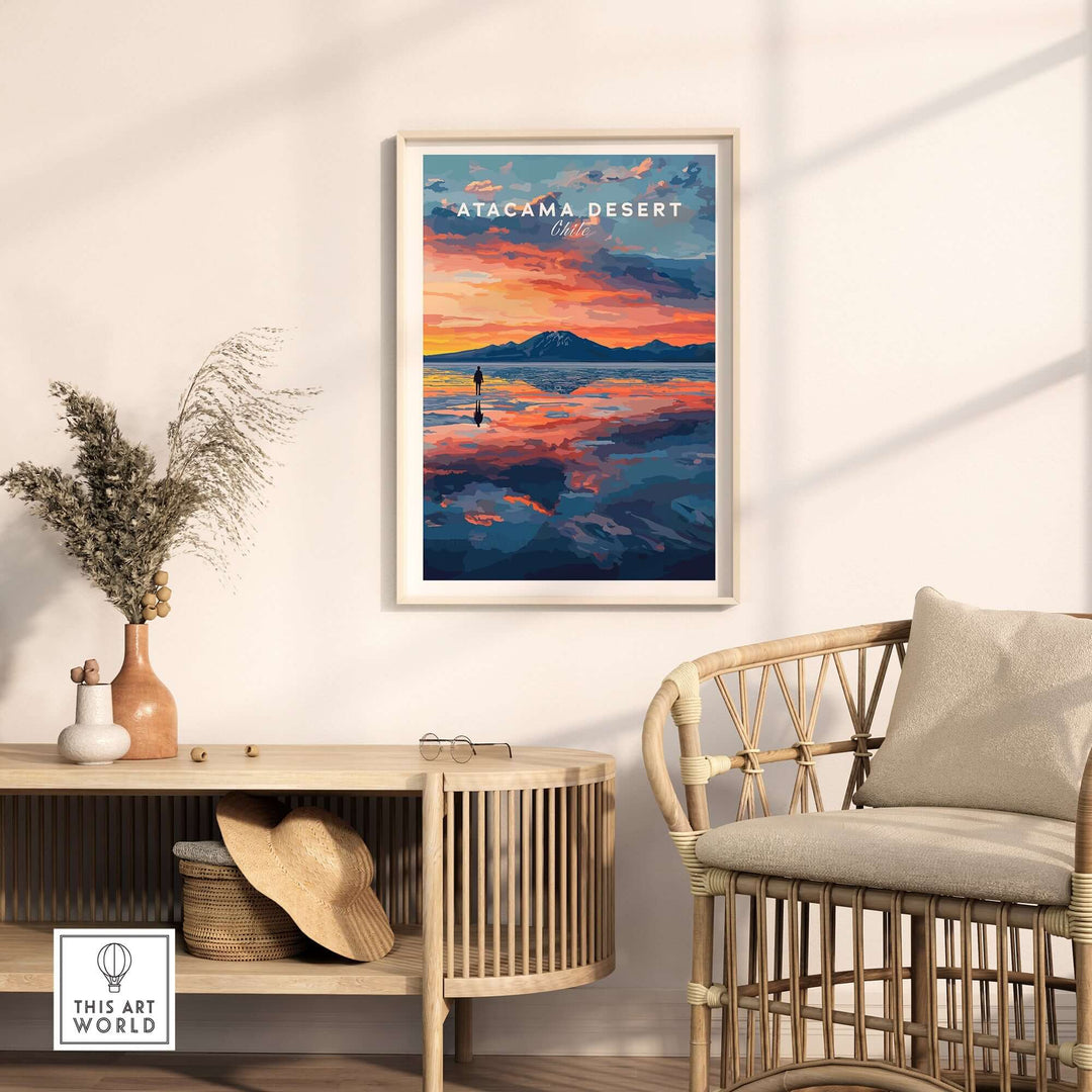 Atacama Desert wall art poster at sunset displayed in a stylish living room with modern decor.