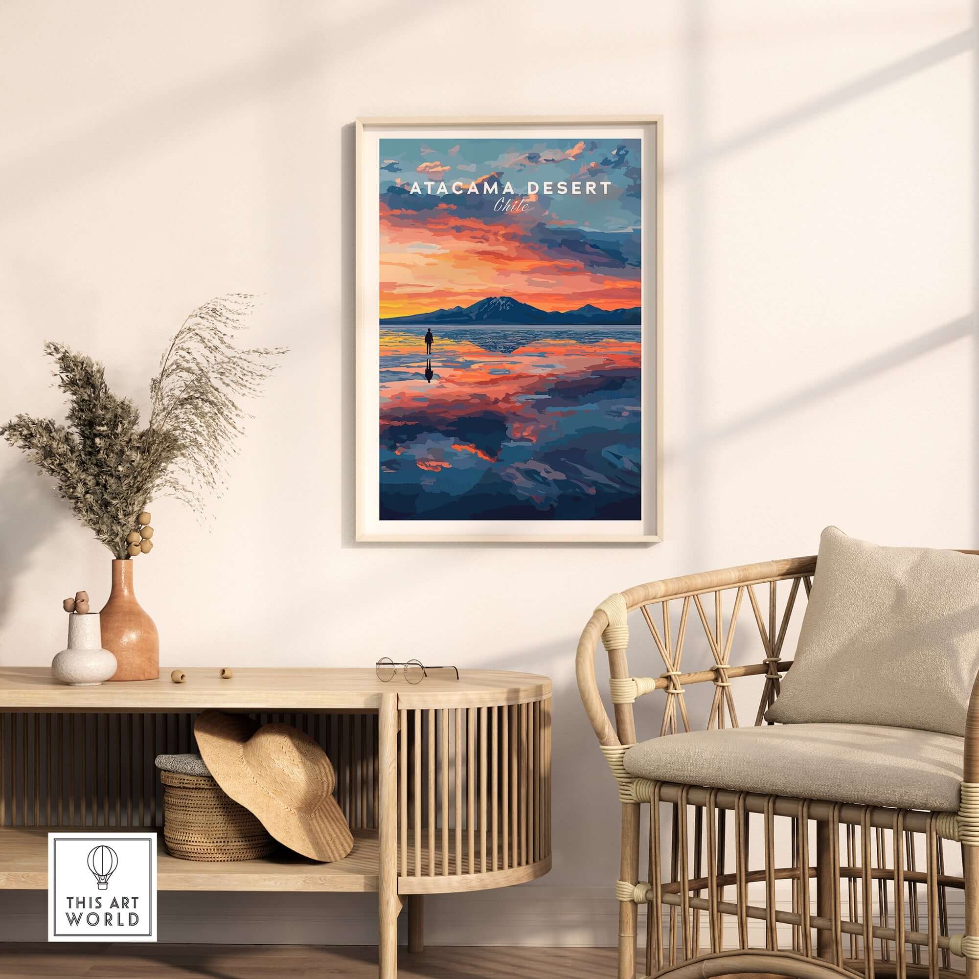 Atacama Desert Wall Art Poster at Sunset displayed in a stylish living room with modern decor.