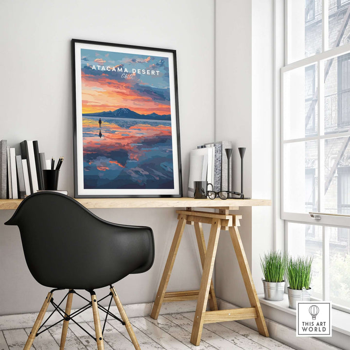 Atacama Desert wall art poster at sunset displayed in a modern home office setting with stylish decor.