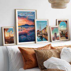 Atacama Desert Wall Art Poster at Sunset displayed among other travel-themed wall art in a cozy living room setting.