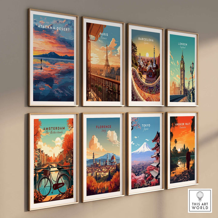 Collection of vibrant city wall art posters, including Atacama Desert, Paris, Barcelona, London, Amsterdam, Florence, Tokyo, and Angkor Wat.