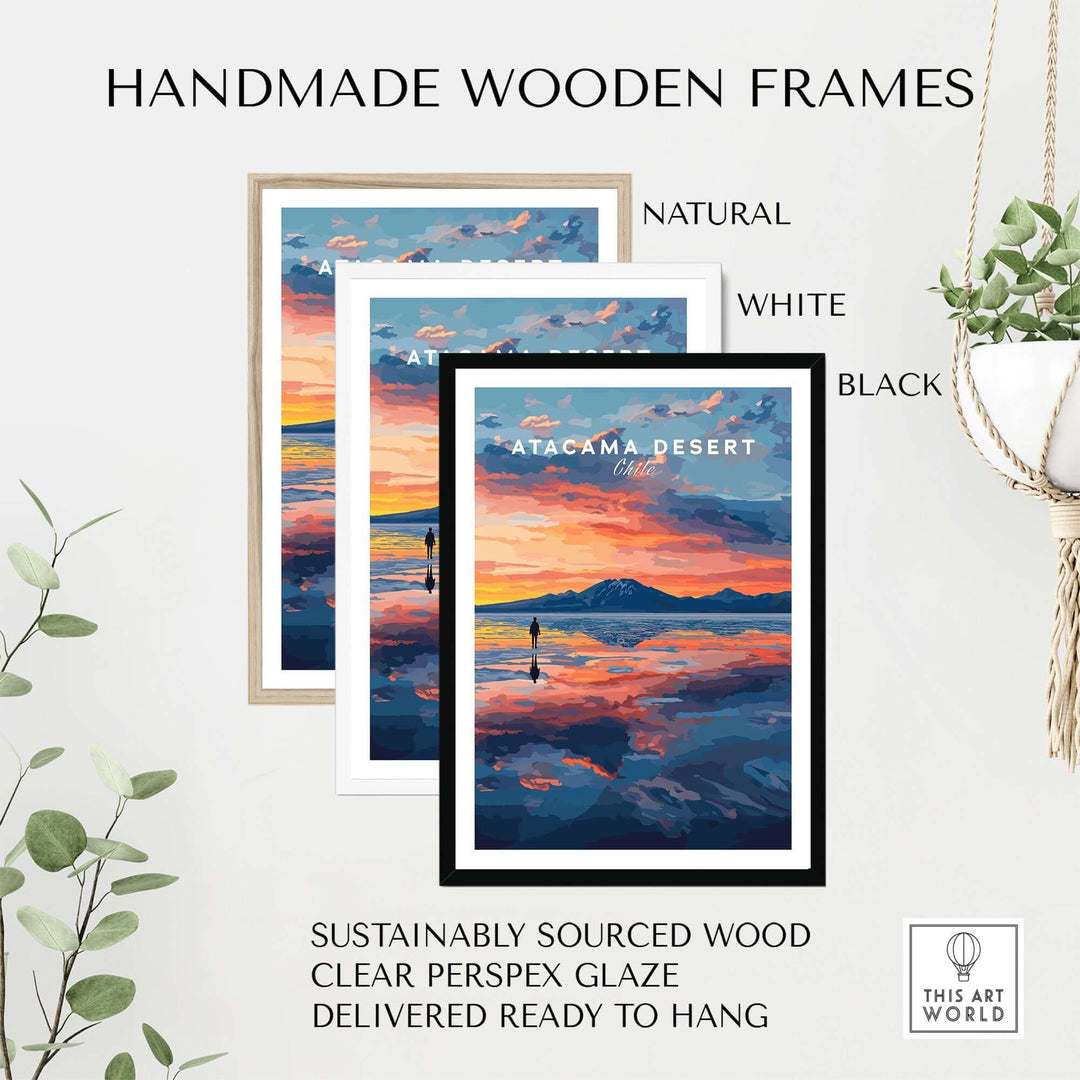 Handmade wooden frames in natural, white, and black styles showcasing Atacama Desert wall art poster. Sustainable and ready to hang.