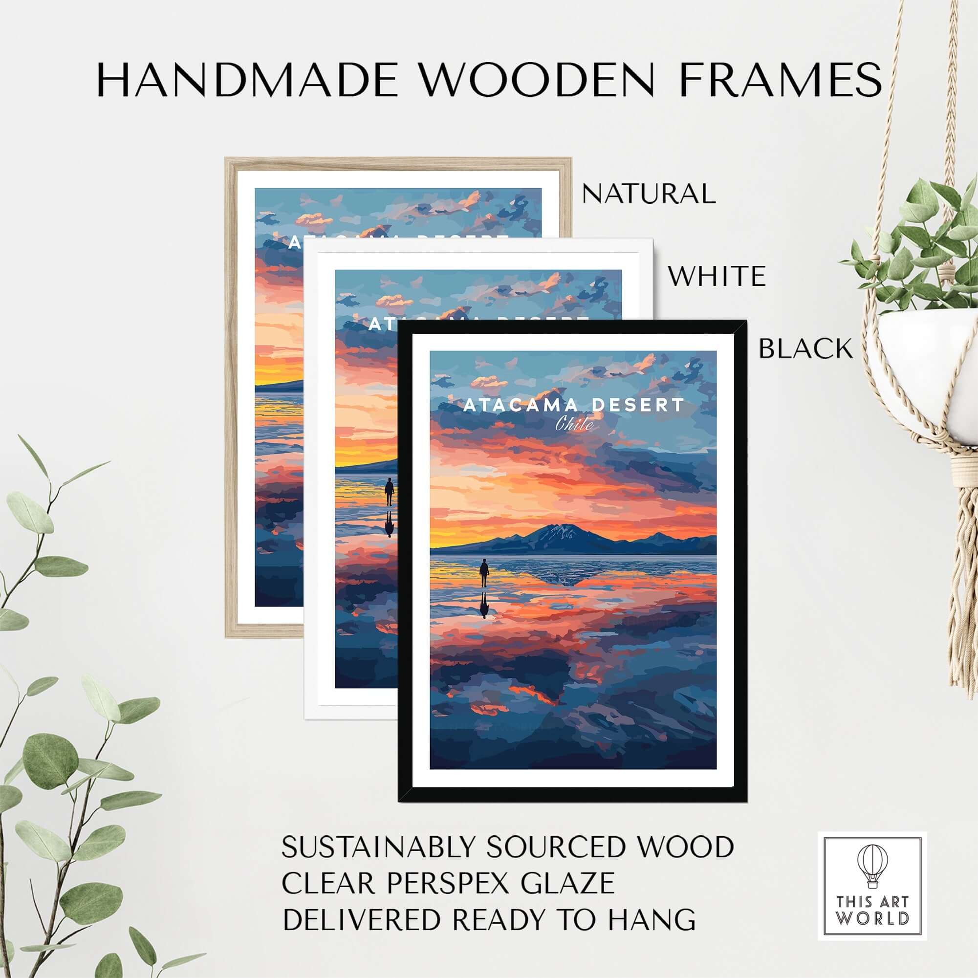 Handmade wooden frames for Atacama Desert Wall Art Poster at Sunset in natural, white, and black finishes.