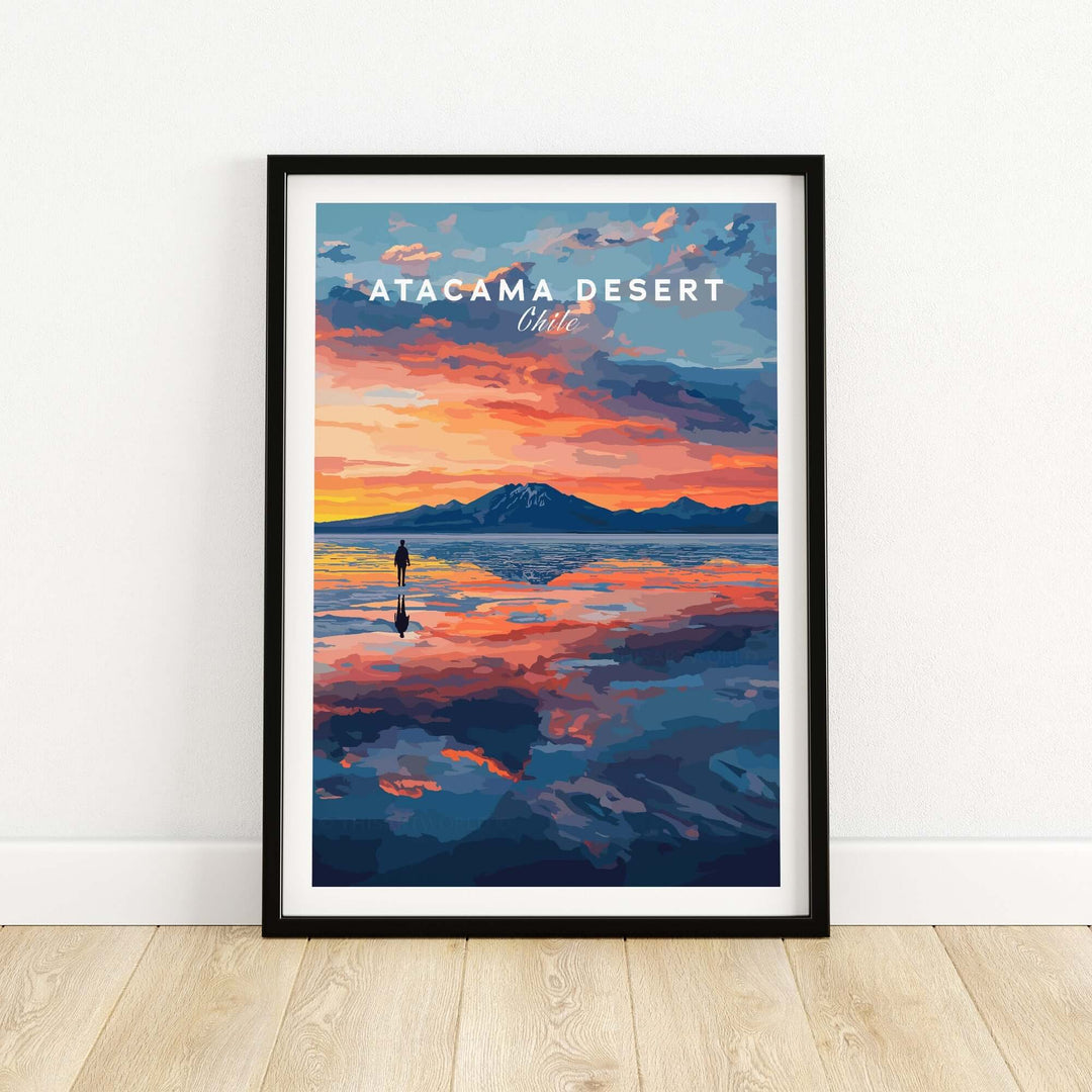 Atacama Desert wall art poster featuring vibrant sunset colors and a silhouetted figure against a stunning landscape.