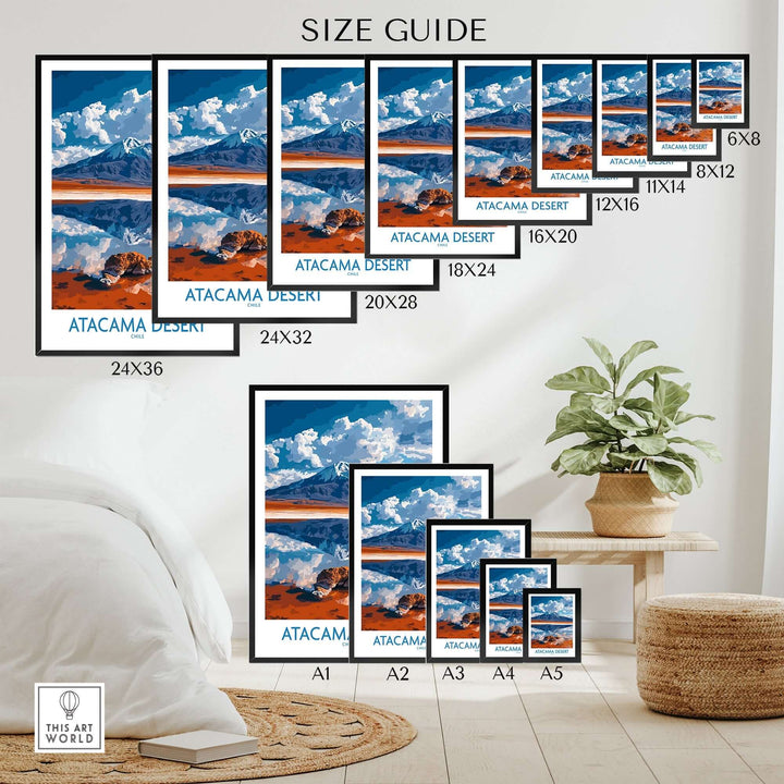 Atacama Desert wall art print size guide displayed in various frame sizes in a modern interior setting.