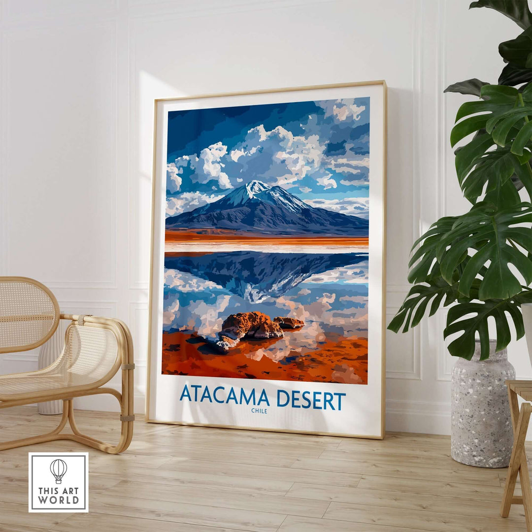 Atacama Desert wall art print featuring mountains and reflection, perfect for modern home decor in Chilean style.