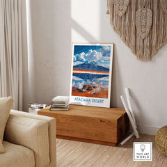 Atacama Desert Wall Art Print - Modern displayed in a stylish living room setting on a wooden chest.