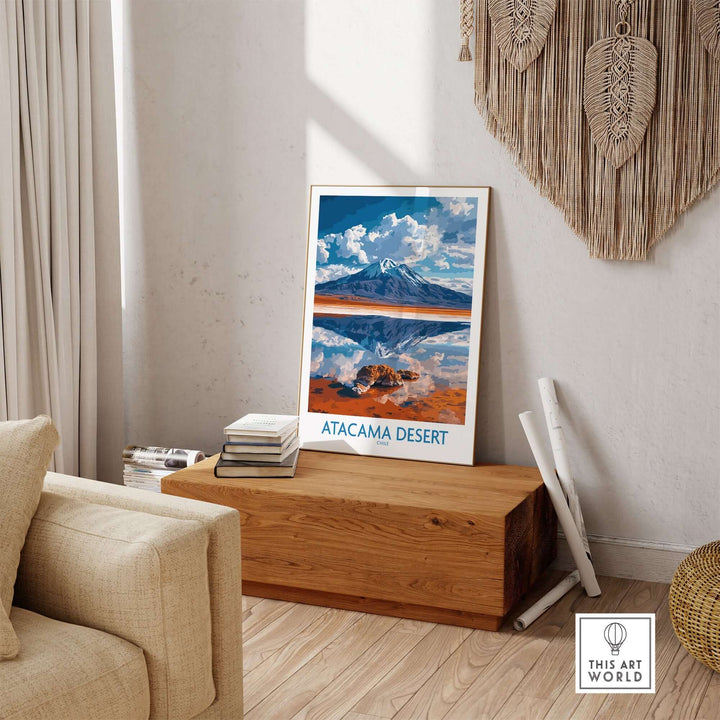 Atacama Desert wall art print displayed in a modern living room, showcasing stunning desert scenery and vibrant colors.