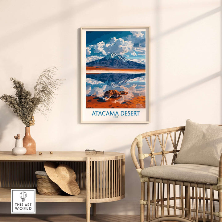 Atacama Desert wall art print displayed in a modern interior, showcasing vibrant colors and stunning natural scenery.