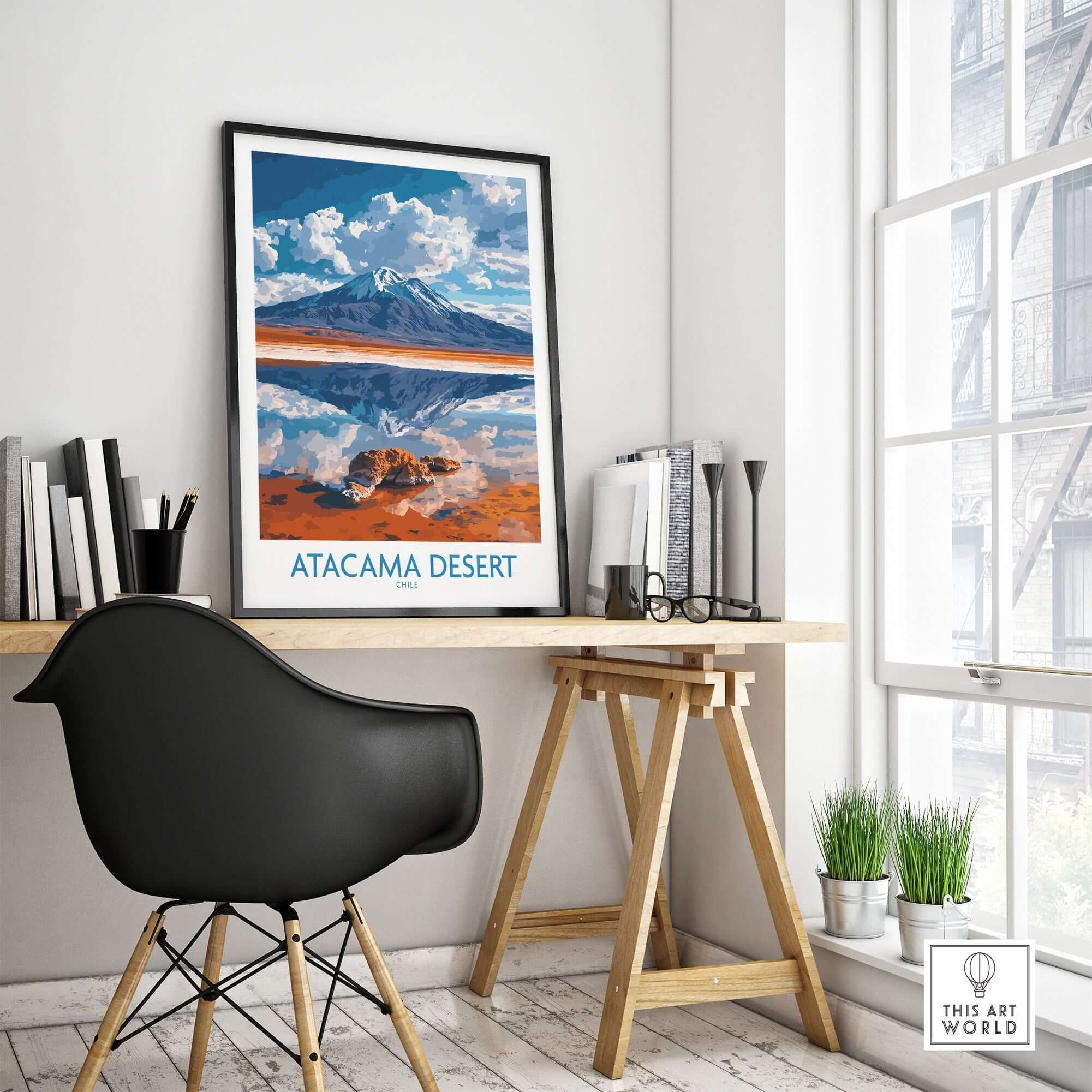 Atacama Desert Wall Art Print - Modern displayed in a stylish room with a black chair and natural light.