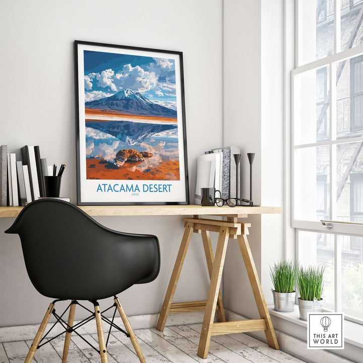 Atacama Desert wall art print displayed in modern home office setting, showcasing vibrant landscape and contemporary decor.