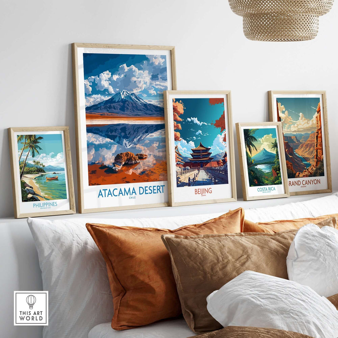 Modern wall art prints featuring Atacama Desert, Beijing, Costa Rica, Phillips, and Grand Canyon displayed in a stylish interior setting.