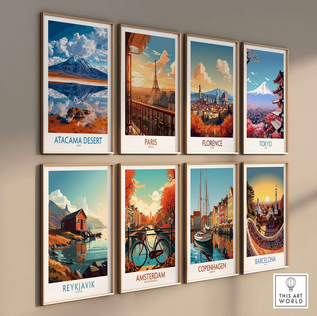 Modern wall art collection featuring Atacama Desert, Paris, Florence, Tokyo, Reykjavik, Amsterdam, Copenhagen, and Barcelona.