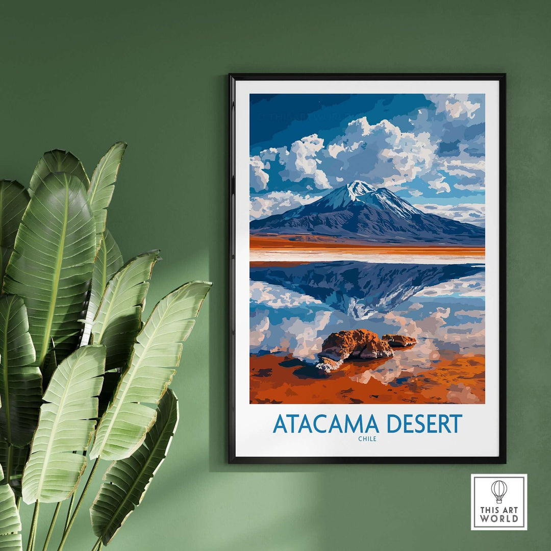 Atacama Desert wall art print featuring a vibrant landscape with mountains and reflections, perfect for modern home decor.