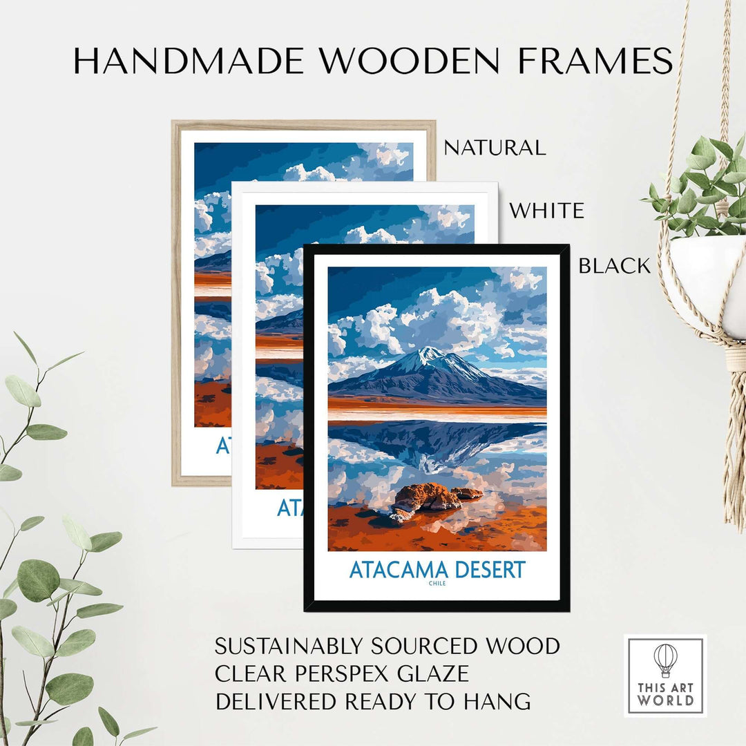 Atacama Desert wall art prints in handmade natural, white, and black wooden frames with clear perspex glaze.