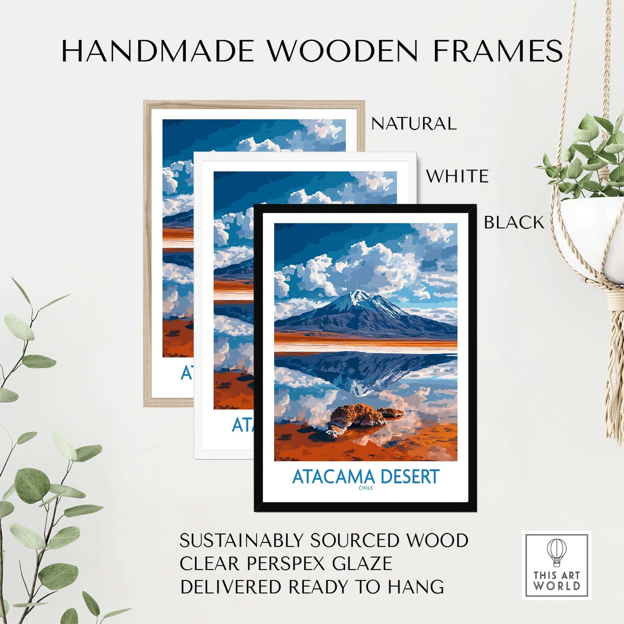Atacama Desert Wall Art Print - Modern displayed in handmade wooden frames in natural, white, and black options.