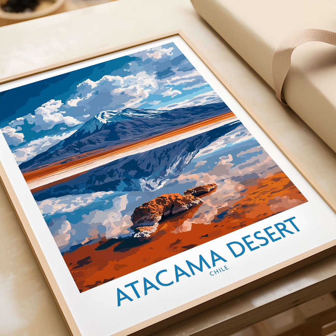 Atacama Desert wall art print featuring vibrant colors and a stunning landscape of mountains and reflections in Chile.