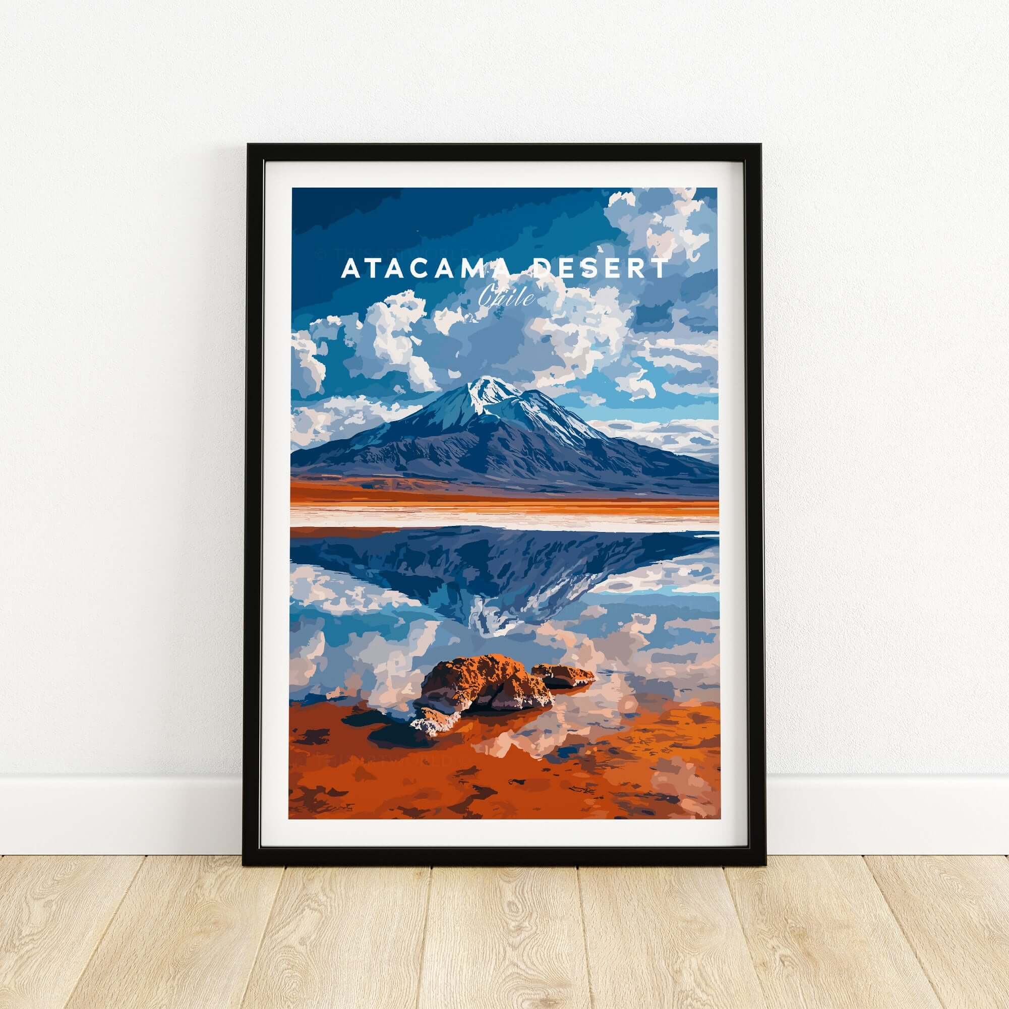 Atacama Desert Wall Art capturing a stunning landscape with mountains and reflections in vibrant colors.