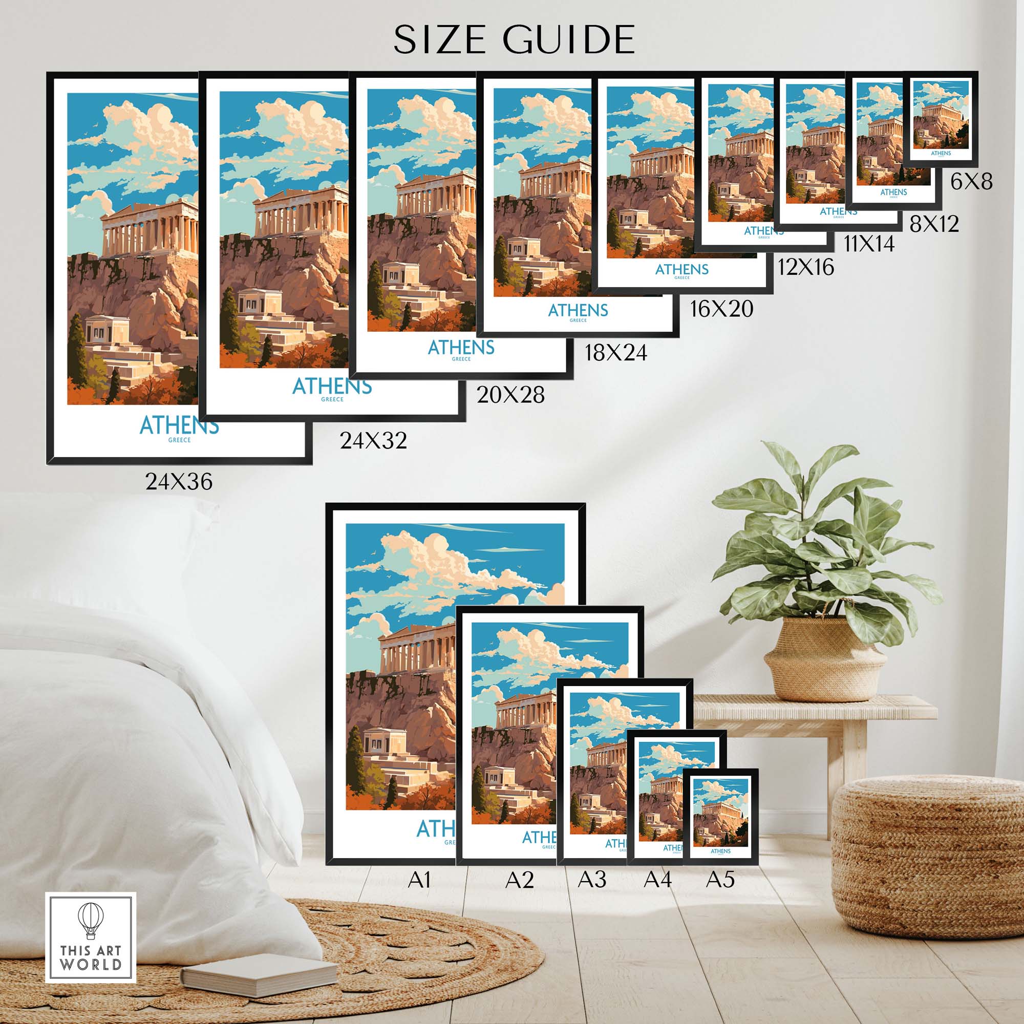 Size guide for Athens Wall Art featuring the Acropolis in various print sizes, ideal for modern home decor.