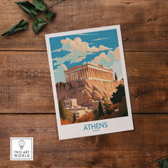 Athens wall art featuring the iconic Acropolis, modern style travel poster for home decor.