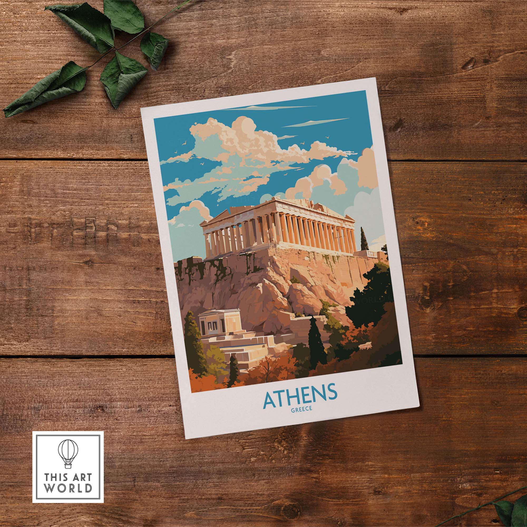 Athens wall art featuring the iconic Acropolis, modern style travel poster for home decor.